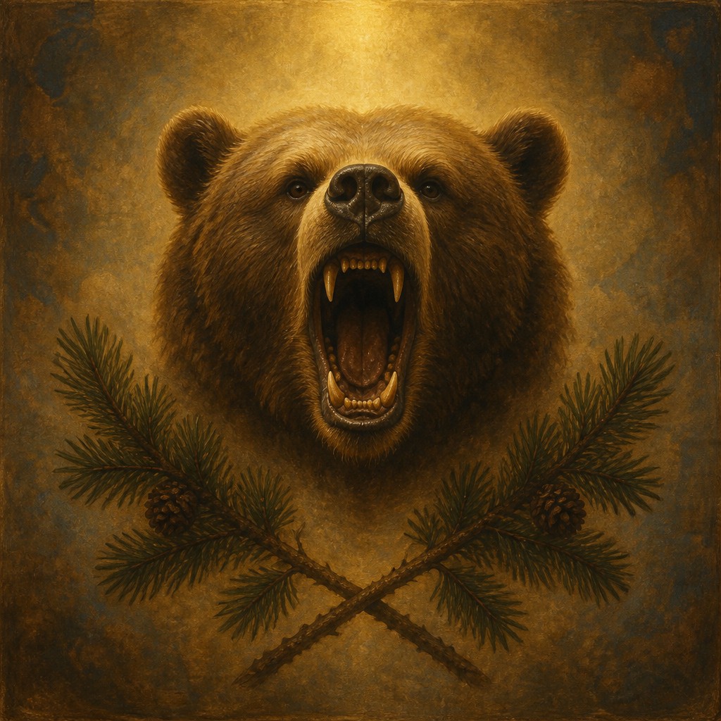 a roaring bear head above crossed pine branches, bold graphic composition on a plain background, no text