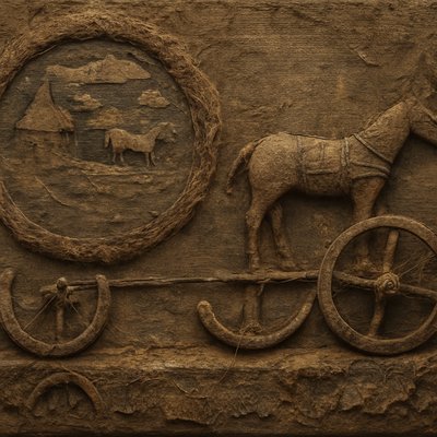 a horse drawn carriage carved into a stone wall