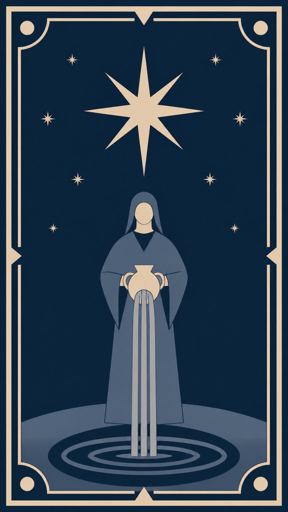 a robed figure pouring water beneath a large eight-pointed star in a night sky, symmetrical composition with an ornate decorative border, no text