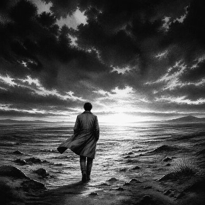 a solitary figure walking toward a glowing horizon across an empty plain, moody atmosphere, no text or lettering