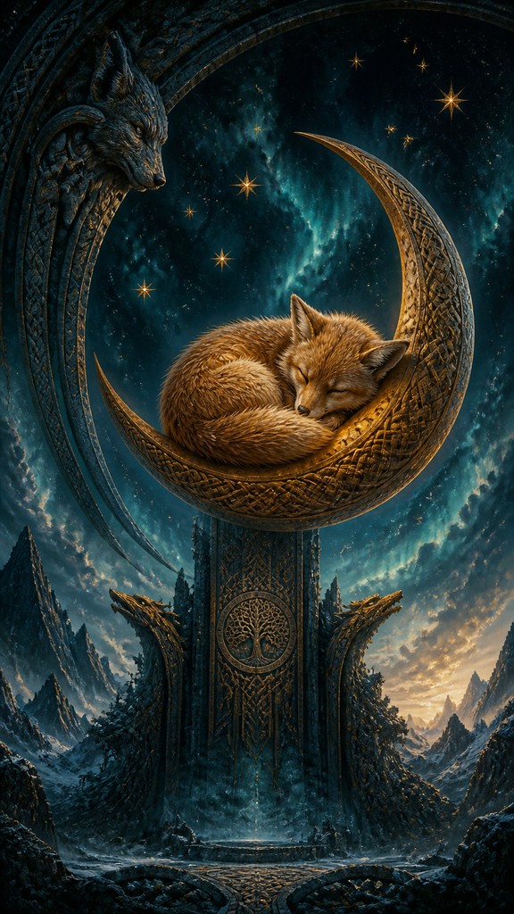 a sleeping baby fox curled on a crescent moon among soft stars, gentle and warm, no text