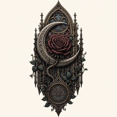 a rose entwined with a crescent moon, clean balanced composition on a plain background, no text