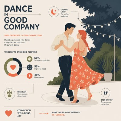 an original couple dancing under string lights in a garden at dusk: a man with short black hair in a linen shirt and a woman with braided red hair in a summer dress