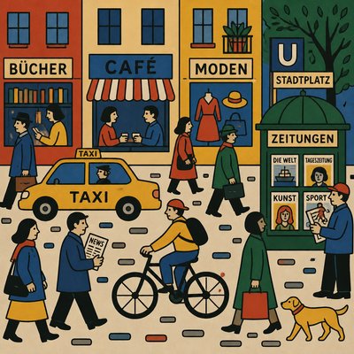 urban street with city activity — Flatness Art Style