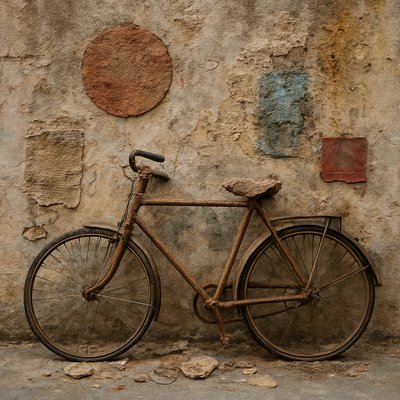 bicyle resting against a wall
