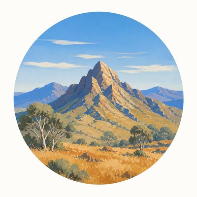 an emblem of a mountain peak inside a circle, simple bold shapes on a plain background, no text or lettering