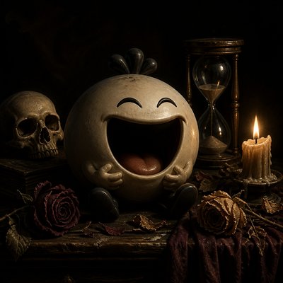 an exaggerated laughing face of an original round mascot character, bold and readable at small size, plain background, no text