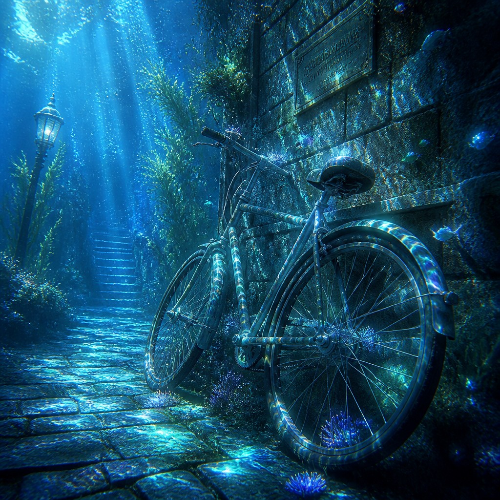 bicyle resting against a wall — Underwater Fantasy Art