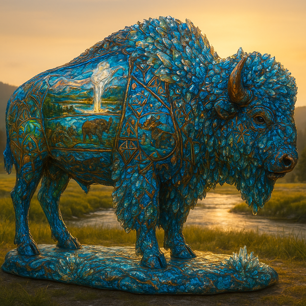 A breathtaking, full-size artistic sculpture of a standing buffalo, rendered entirely in the style of intricate, luminous glass art, reminiscent of the painted buffalo installations. The buffalo's majestic form is composed of countless individual pieces of vibrant, multifaceted stained glass or fused glass, meticulously cut, arranged, and joined.
The entire surface of this glass buffalo is adorned with various miniature, finely detailed scenes and patterns etched, painted, or embedded within the glass itself, or created by the unique coloration and texture of the glass pieces. These scenes depict:
Iconic Yellowstone landscapes: Old Faithful erupting in miniature, the Grand Canyon of the Yellowstone, geothermal pools.
Local wildlife: Elk, bears, wolves, eagles (all rendered in the glass medium).
Native American art motifs: Geometric patterns, symbols, and figures (also within the glass).
The buffalo's interior is subtly illuminated, causing the entire sculpture to glow from within, acting as a beacon of art and nature. Light catches every facet of the glass, creating a dazzling play of refracted colors that project intricate patterns onto the surrounding natural environment.
The setting is the glory of Yellowstone National Park, specifically an expansive, iconic vista. Perhaps in a verdant meadow with distant geysers steaming, or near a crystal-clear river. The morning sun, bright and golden, backlights the buffalo, intensifying its inner glow and creating a dramatic contrast with the rugged, natural beauty of the park. The atmosphere is one of awe, harmony between art and nature, and a profound celebration of the spirit of the American West. The artistic style is hyper-realistic, emphasizing the detailed texture, transparency, and brilliant light play inherent in glass art, seamlessly integrated into a vibrant, natural landscape.