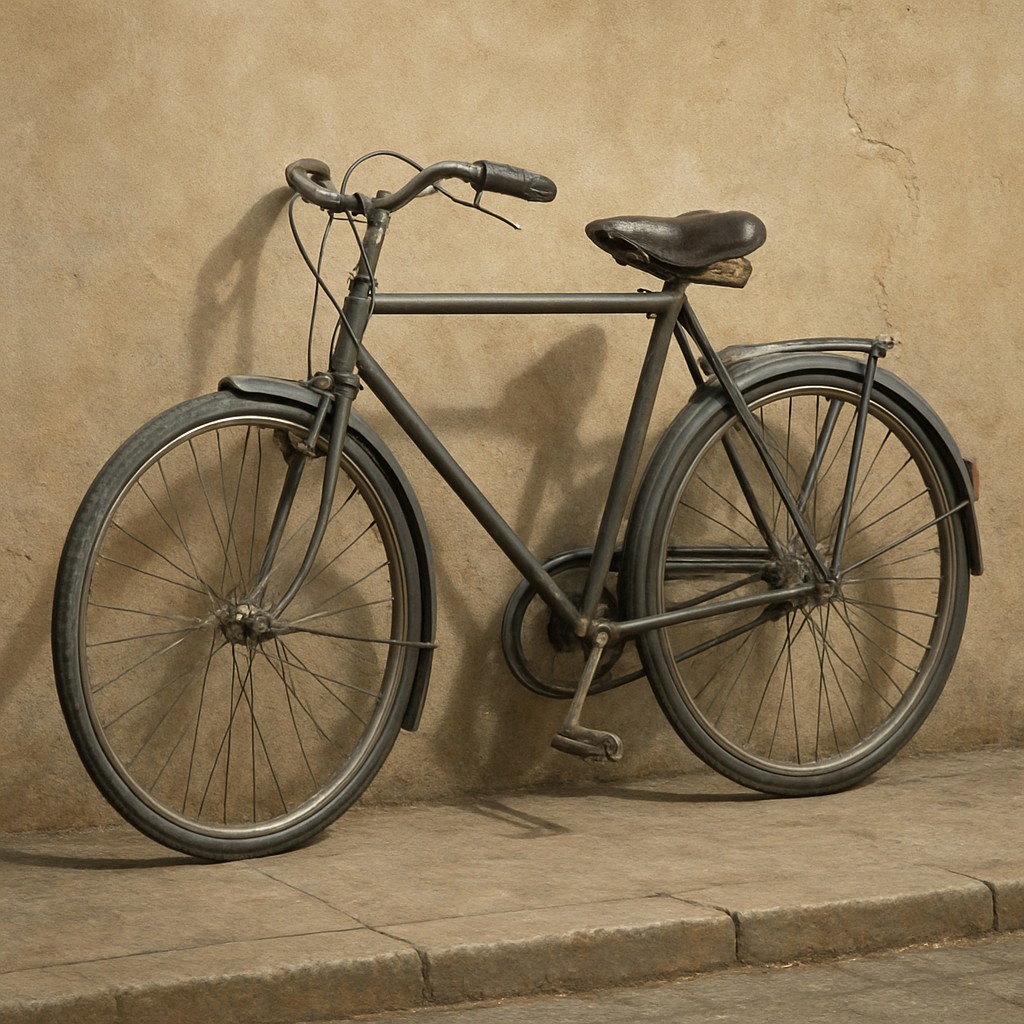bicyle resting against a wall