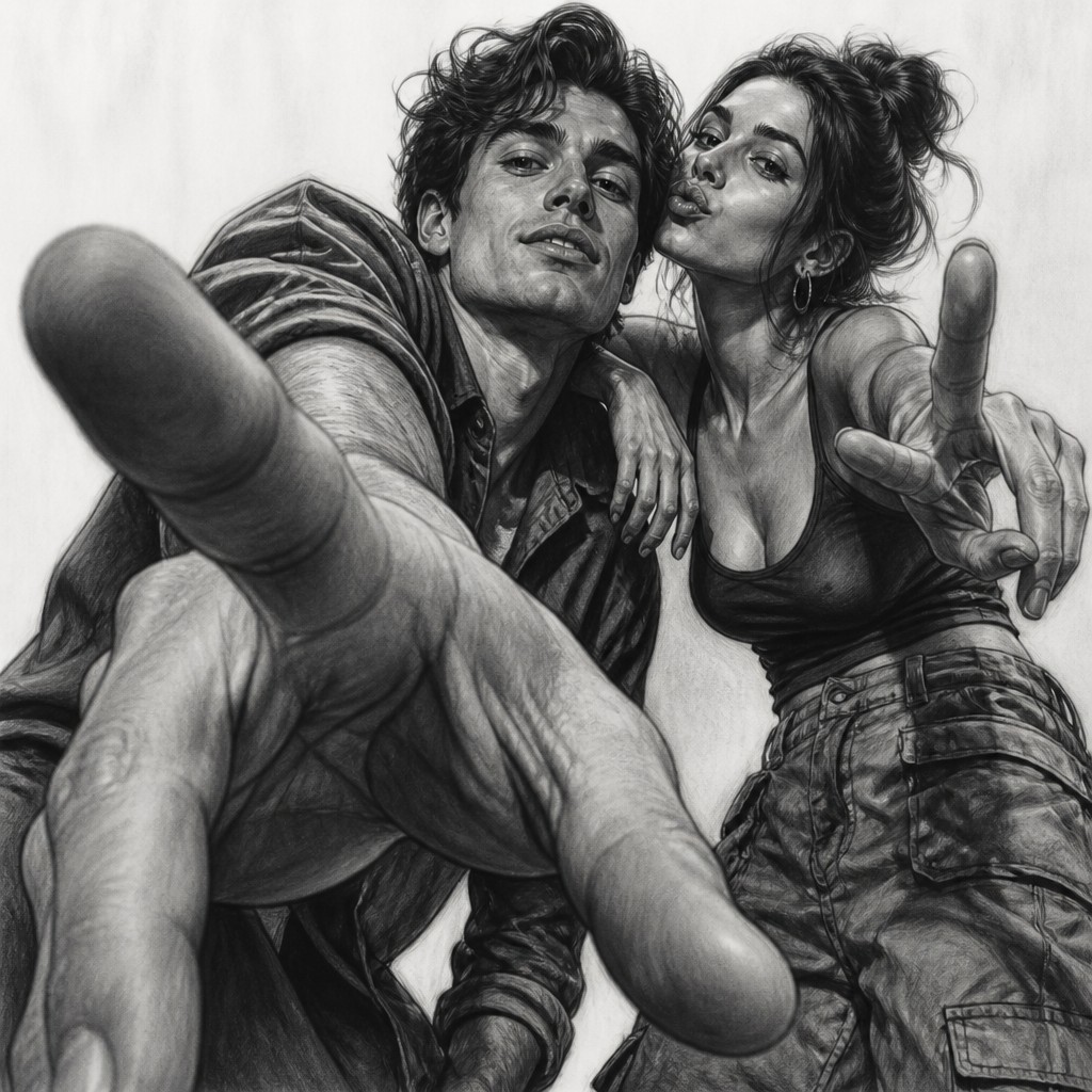 portrait of two people together — Foreshortening Art Style