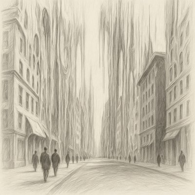 a drawing of people walking down a city street