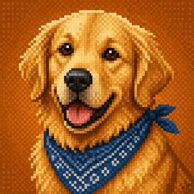 portrait of a golden retriever wearing a blue bandana, warm plain backdrop, no text