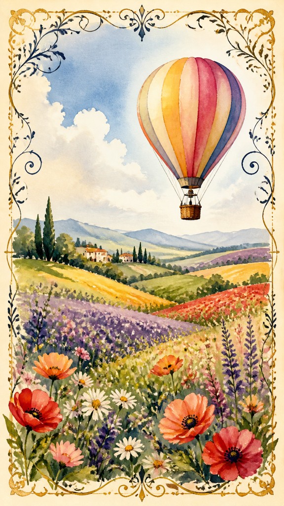 a hot air balloon drifting over rolling flower fields on a sunny day, cheerful, no text