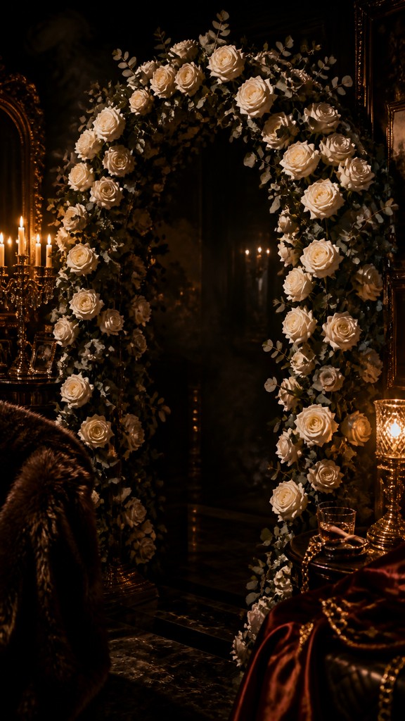 an arch of white roses and eucalyptus in soft morning light, elegant vertical composition with open space, no text