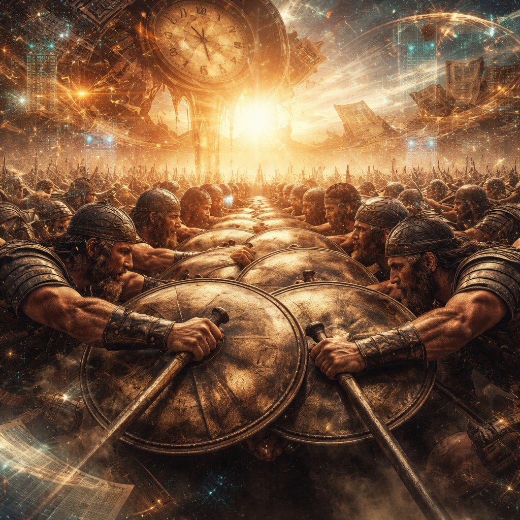A hyper-realistic, documentary-style photograph of the ancient Hebrew army from Judges 20:11. The low-angle perspective is within the ranks, showing thousands of battle-hardened men in leather and bronze armor. Focus on a tight group of soldiers actively clamping and interlocking their massive, round bronze-faced shields. Their muscles are strained, veins bulging, as they grip the shield edges and spear shafts, physically causing themselves to be fused into one solid unit (Hithpalpel causative-reflexive action). The pattern repeats (Reduplication) in an endless, rhythmic grid of humanity and metal. Dust rises, sweat glistens, faces are set in absolute, synchronized determination. Cinematic golden hour lighting (the vivid amber-orange of a Jerusalem sunset) catches the edges of the bronze, adding intense color and depth. Shallow depth of field, incredible historical texture, 8k resolution.