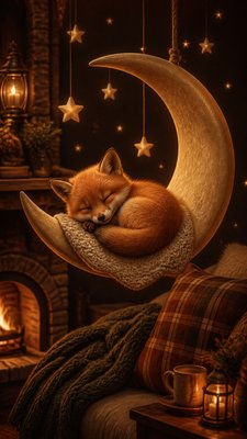 a sleeping baby fox curled on a crescent moon among soft stars, gentle and warm, no text