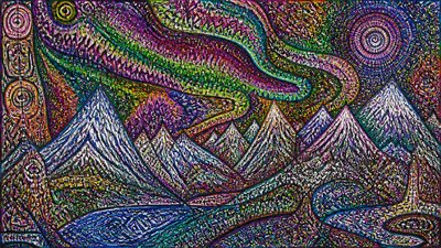 a flowing aurora over snowy peaks, wide sweeping composition, no people, no text