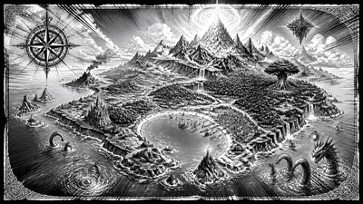 a map of an island realm with mountains, forests, a sheltered bay, sea monsters in the water and a compass rose, no text labels