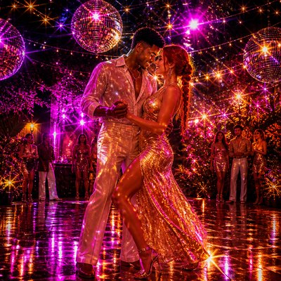 an original couple dancing under string lights in a garden at dusk: a man with short black hair in a linen shirt and a woman with braided red hair in a summer dress