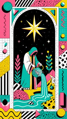 a robed figure pouring water beneath a large eight-pointed star in a night sky, symmetrical composition with an ornate decorative border, no text
