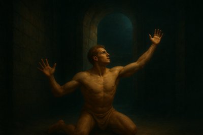 a painting of a man sitting in a dark room