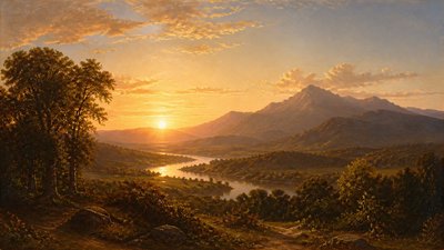 a vast valley with a river winding toward distant mountains at sunrise, no people, no text
