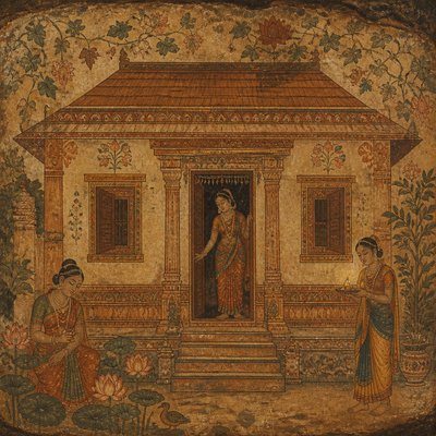 house with front view — Ancient Indian Mural Art Style