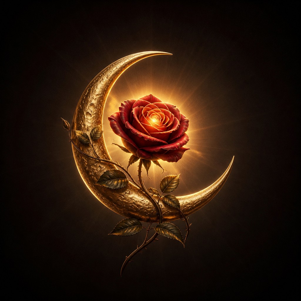 a rose entwined with a crescent moon, clean balanced composition on a plain background, no text