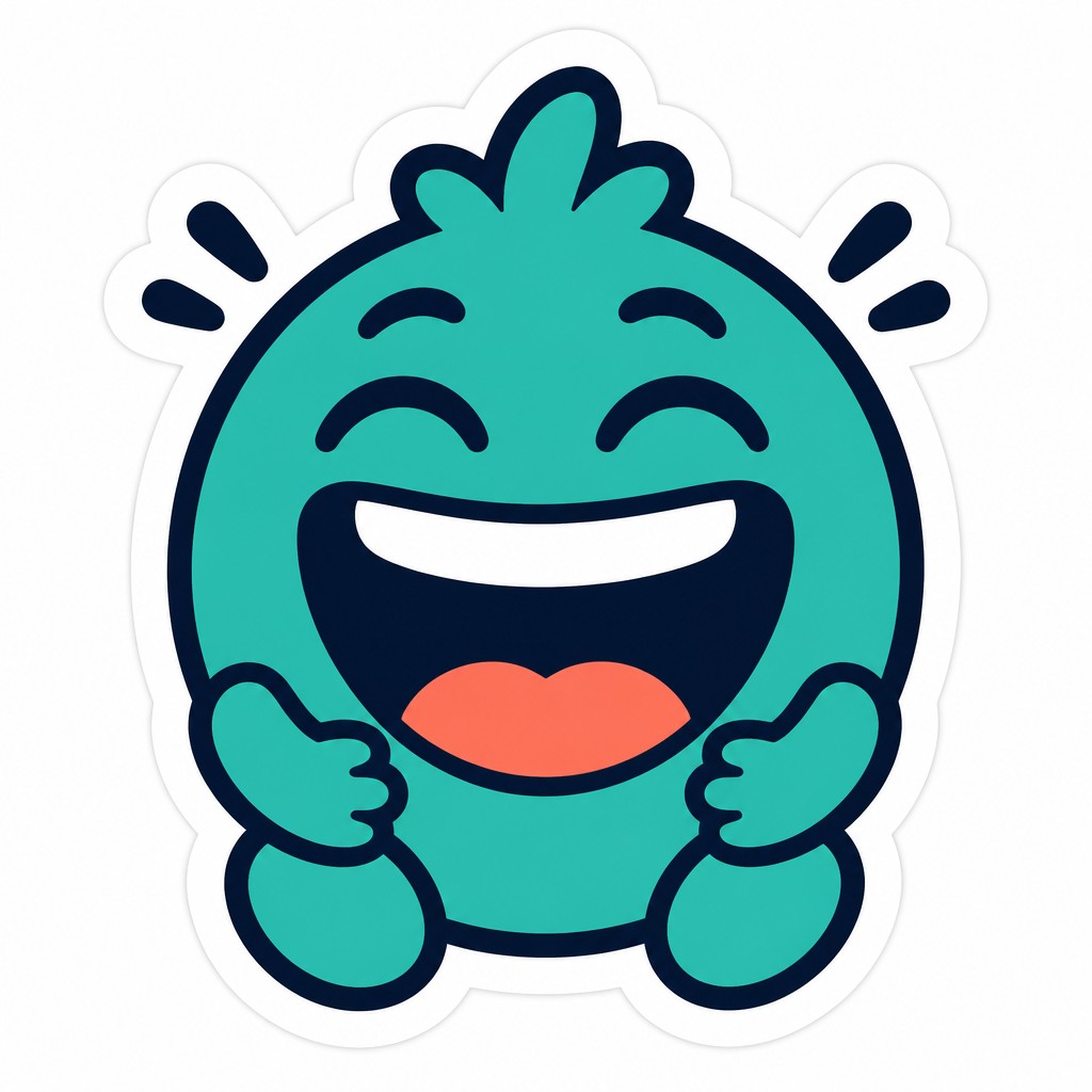an exaggerated laughing face of an original round mascot character, bold and readable at small size, plain background, no text