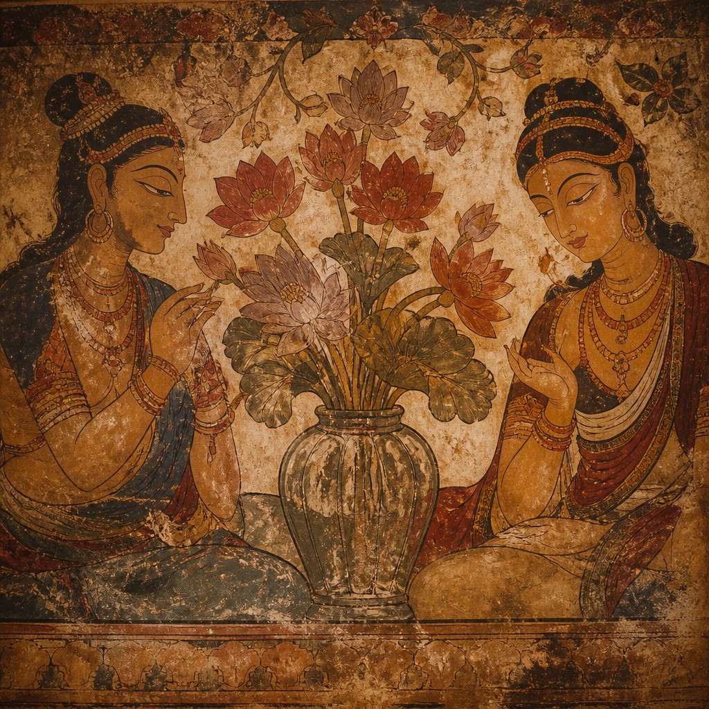 bouquet of flowers in a glass vase — Ancient Indian Mural Art Style
