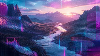 a vast valley with a river winding toward distant mountains at sunrise, no people, no text