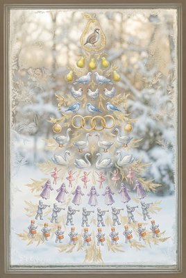 Create an elegant Christmas tree from a gold leaf pear tree with a partridge on the top, yellow pears, 2 turtledoves, 3 french hens 4 calling birds which are bluebirds, 5 golden rings, 6 geese, 7 swans, 8 bright pink ballerinas, 8 maids with royal blue dresses and milk pails, 9 Lords in purple, 10 Pipers in silver,  12 drummers in tangerine orange. No green or red colors