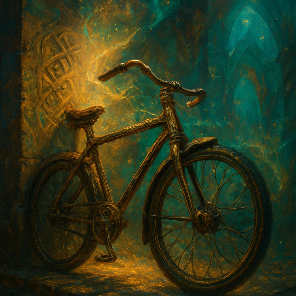 bicyle resting against a wall