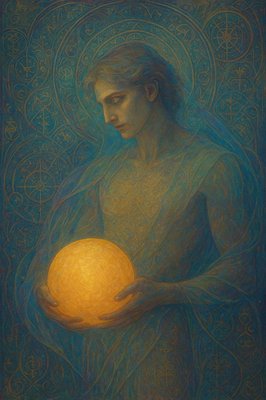 a painting of a woman holding an orange