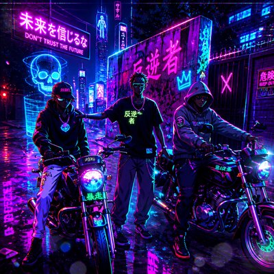 a group of men riding motorcycles down a street at night