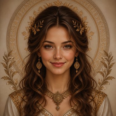 head-and-shoulders portrait of an original character: a young woman with wavy chestnut hair and a warm smile, plain soft backdrop