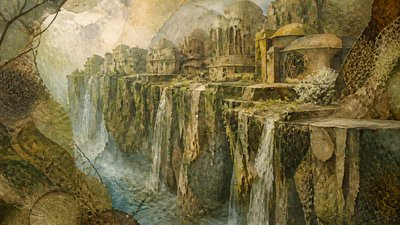 a cliffside city with waterfalls cascading into a misty canyon, wide establishing shot, no people, no text
