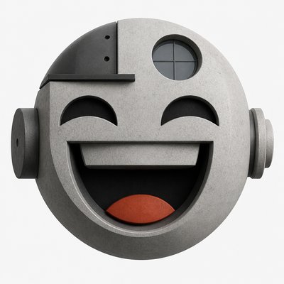 an exaggerated laughing face of an original round mascot character, bold and readable at small size, plain background, no text