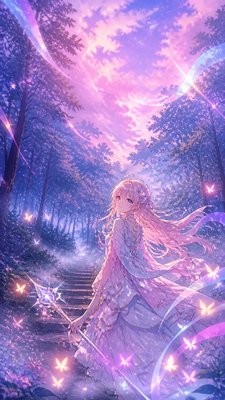 a mysterious forest path with fireflies and drifting mist, atmospheric vertical composition with open space at the top, no text