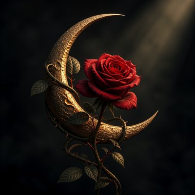 a rose entwined with a crescent moon, clean balanced composition on a plain background, no text