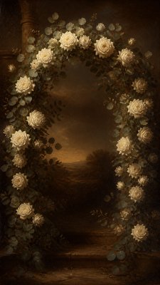 an arch of white roses and eucalyptus in soft morning light, elegant vertical composition with open space, no text