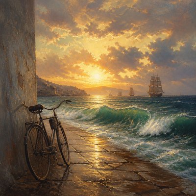 bicyle resting against a wall — Seascape Painting Style