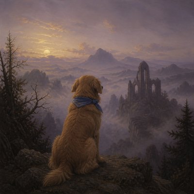 portrait of a golden retriever wearing a blue bandana, warm plain backdrop, no text