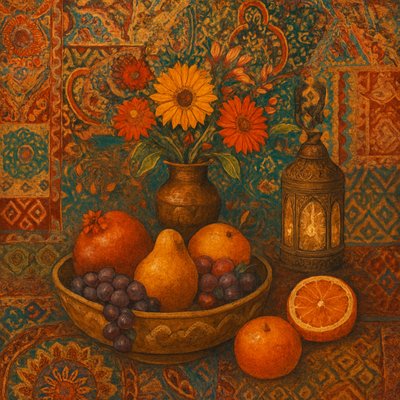 still life arrangement of fruits and flowers
