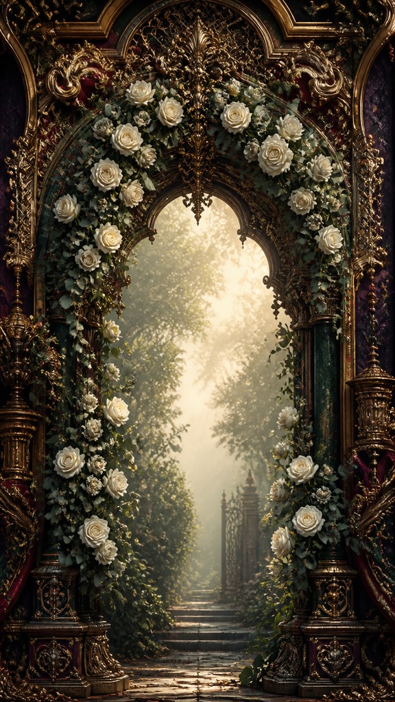 an arch of white roses and eucalyptus in soft morning light, elegant vertical composition with open space, no text