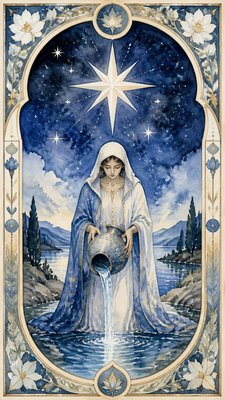 a robed figure pouring water beneath a large eight-pointed star in a night sky, symmetrical composition with an ornate decorative border, no text