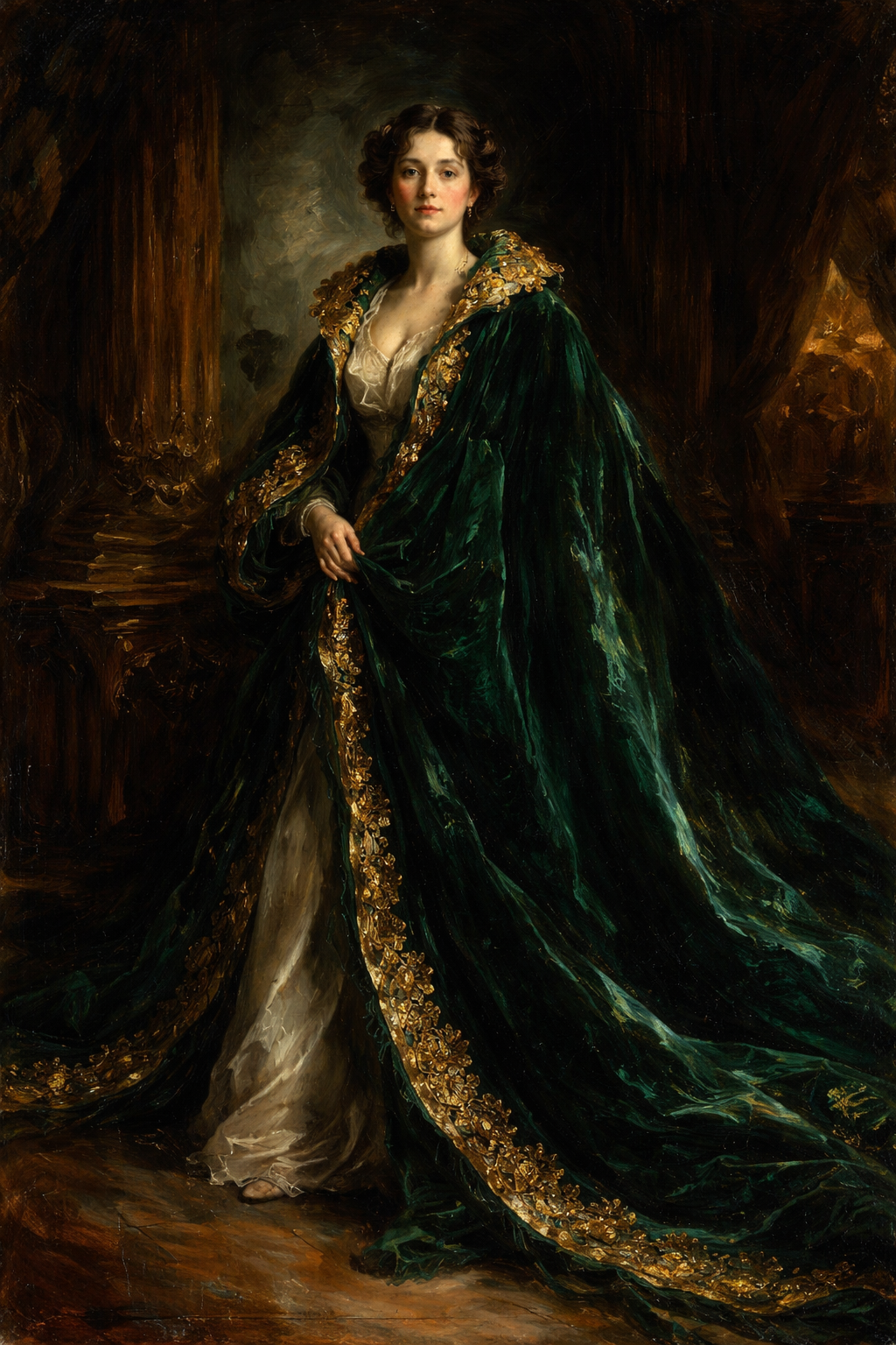 John Singer Sargent Oil Painting Style, Grand Manner Portraiture, Rich Impasto Brushwork. A full-length, elegant portrait of a society figure standing in a dramatic pose, wrapped in a voluminous, heavy emerald green velvet cloak.
The Fabric & Brushwork: The velvet is rendered with deep, saturated greens and near-black shadows, using sweeping, visible brushstrokes to convey weight and a luxurious, soft sheen where the light hits the folds. The ornate gold embroidery and bullion trim along the edges and collar are painted with thick, confident dashes of yellow ochre, burnt sienna, and bright white impasto that make the metal appear to sparkle and catch the light.
The Atmosphere: The lighting is dramatic and directional, coming from the upper left, highlighting the texture of the cloak and the gold. The background is a dark, atmospheric, loosely painted interior of a Gilded Age mansion, with indistinct antique furniture and deep shadows, ensuring all focus is on the figure and the magnificent garment. The overall mood is opulent and mysterious.