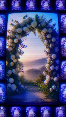 an arch of white roses and eucalyptus in soft morning light, elegant vertical composition with open space, no text