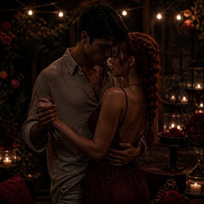 an original couple dancing under string lights in a garden at dusk: a man with short black hair in a linen shirt and a woman with braided red hair in a summer dress